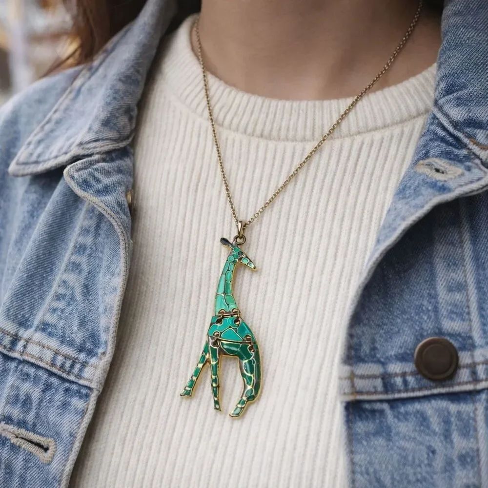 Giraffe Necklace Pendant Gold Tone Chain and Trim Green Enamel Moveable.